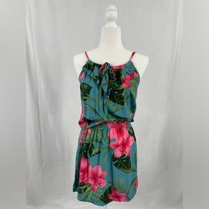Hawaiian Hibiscus Monstera Print Floral Teal Mini Summer Dress Woman’s Sz Small